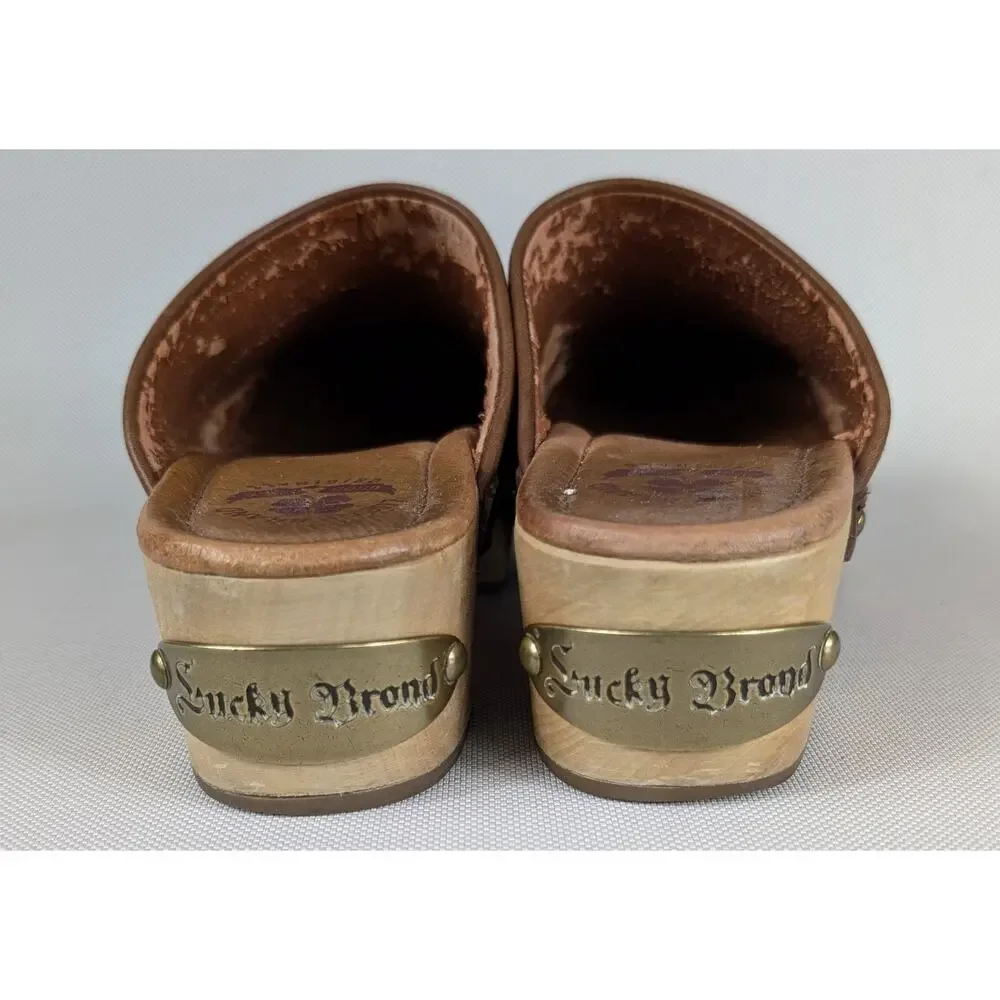 Lucky Brand Womens Wood Leather Platform Block Clogs Brown Size 6.5 M Peace